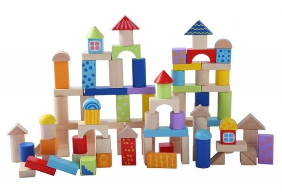 Houten blokkenset - incl. handige emmer - 100 stuks - muti-gekleurd