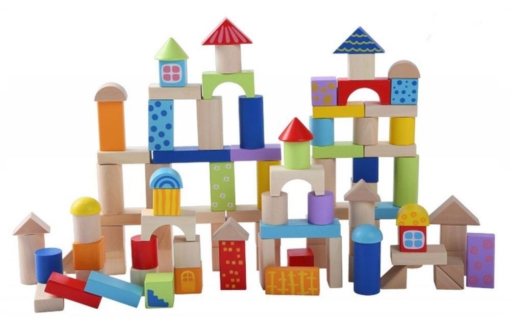 Houten blokkenset - incl. handige emmer - 100 stuks - muti-gekleurd