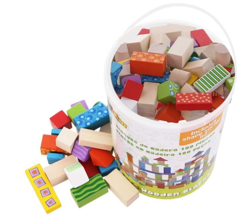 Houten blokkenset - incl. handige emmer - 100 stuks - muti-gekleurd