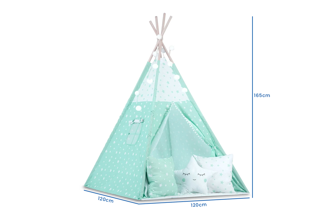 Tipi tent - Speeltent - Mint & sterren - met kussens en lampjes
