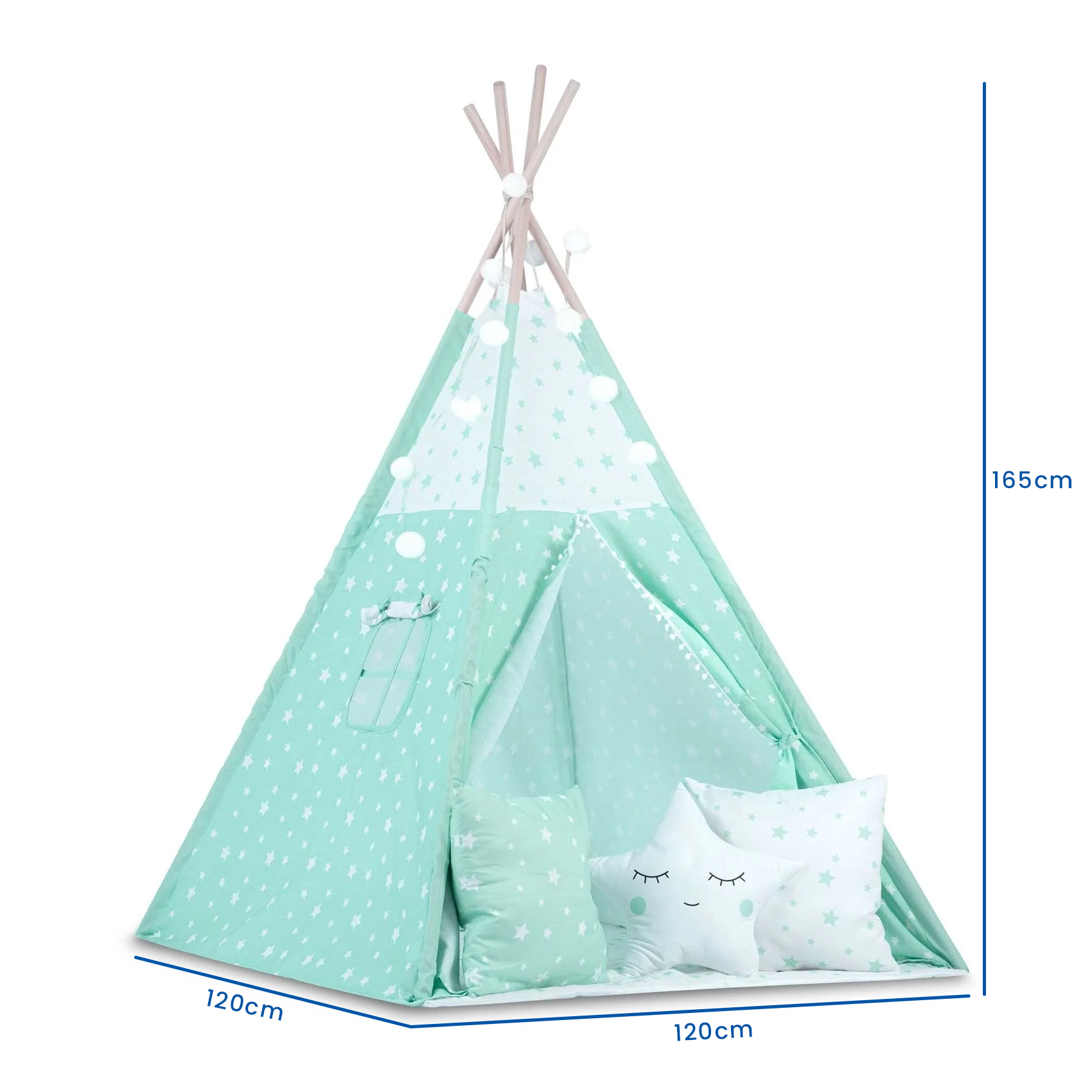 Tipi tent - Speeltent - Mint & sterren - met kussens en lampjes