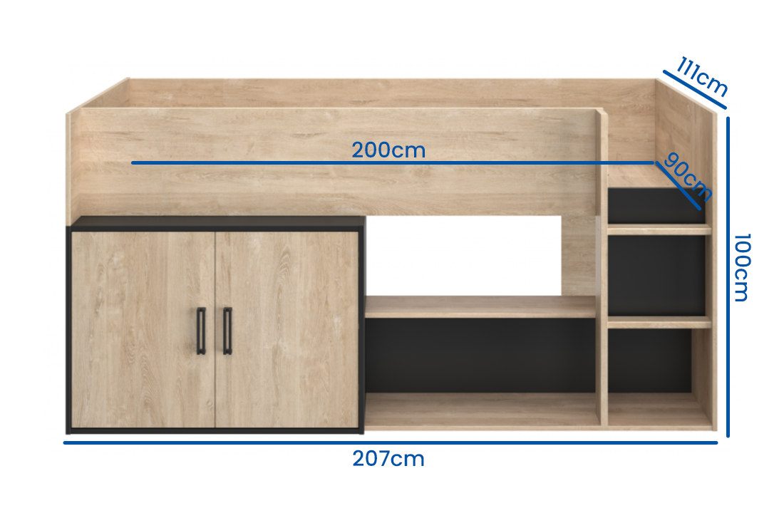 Halfhoogslaper 90 x 200 cm met opbergruimte