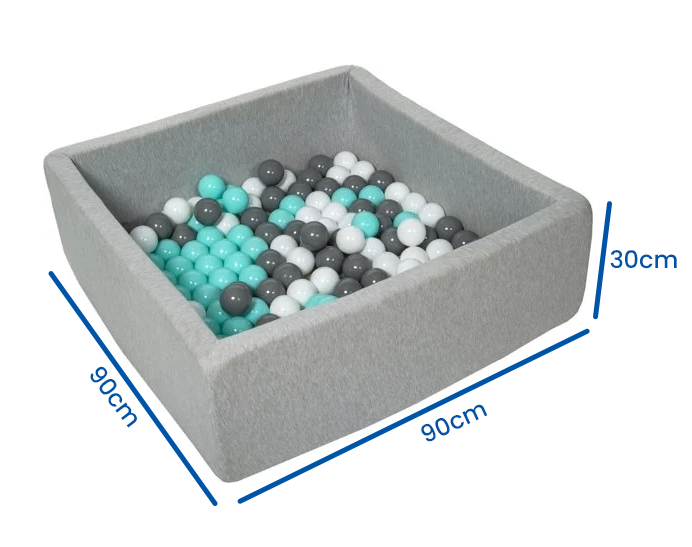 Ballenbak - stevige ballenbad - 90x90 cm - 150 ballen Ø 7 cm - wit, grijs, turquoise.