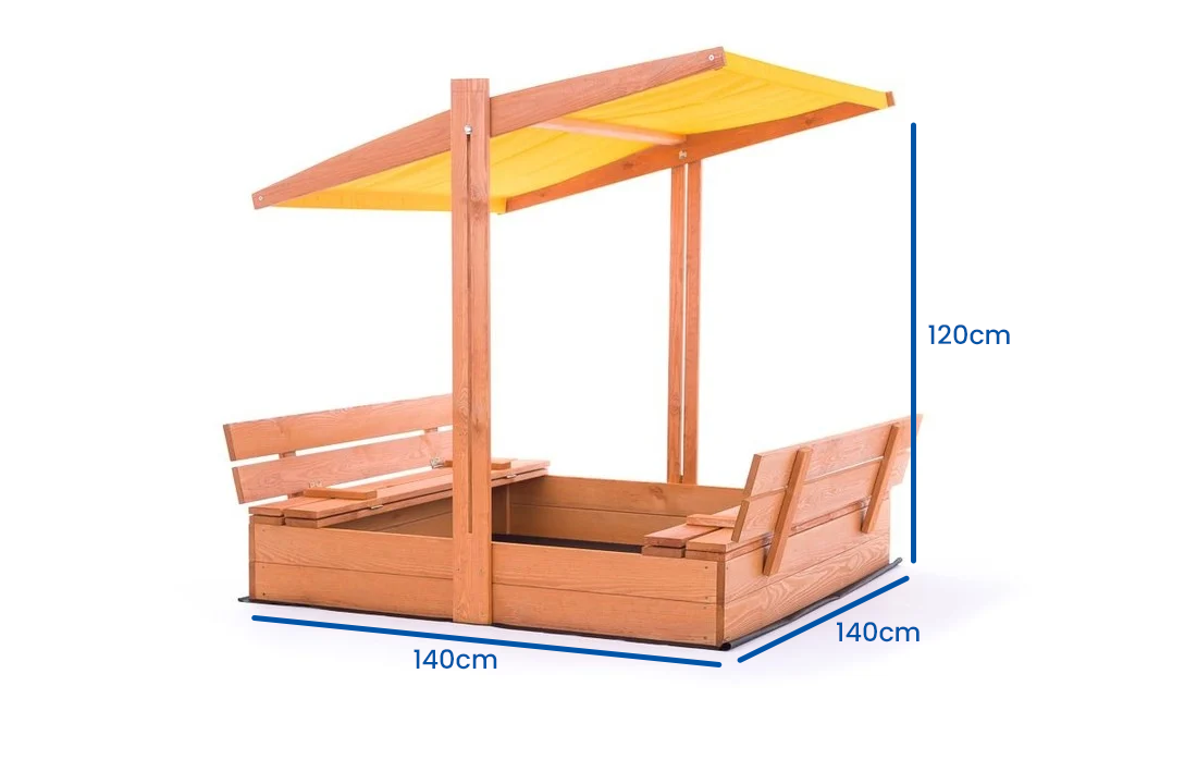 Zandbak - hout - met dak en bankjes - 140x140 cm - geel