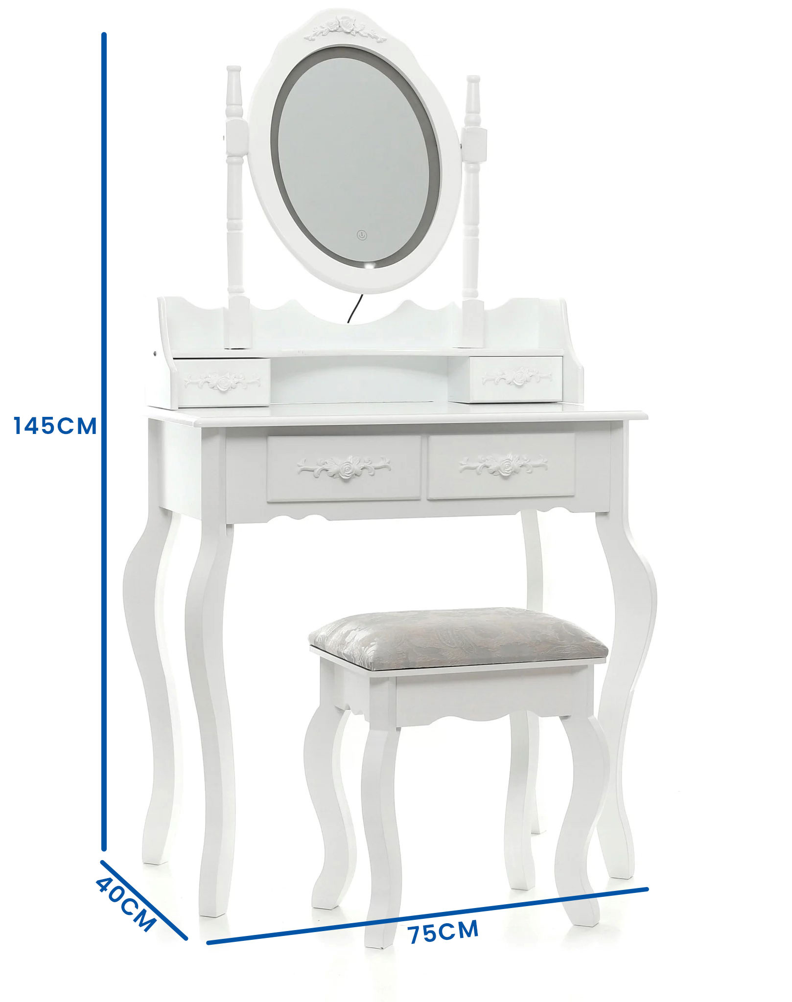 Houten kaptafel wit - LED-verlichte spiegel- met bijpassende kruk - 75x40x145 cm