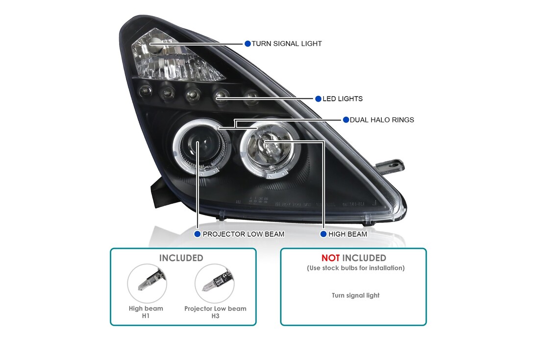 Koplampen dual halo rims geschikt voor TOYOTA CELICA T230 99-05 ANGEL EYES ZWART
