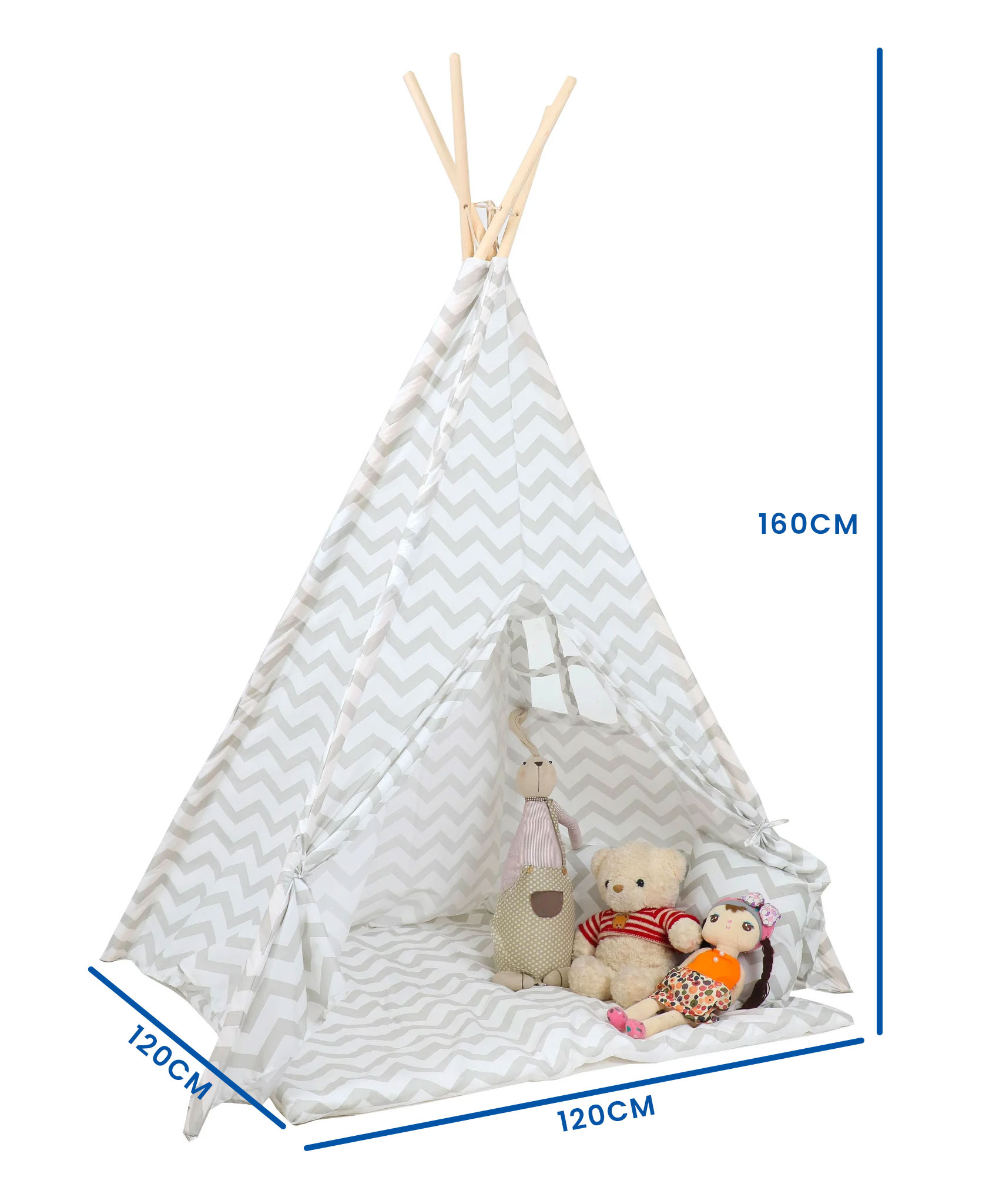 Tipi tent - speeltent met vloermat en kussens – grijs - zigzag