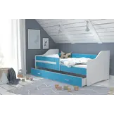 Kinderbed luxe uitvoering 180x80 cm - wit/blauw - met lade - met matras