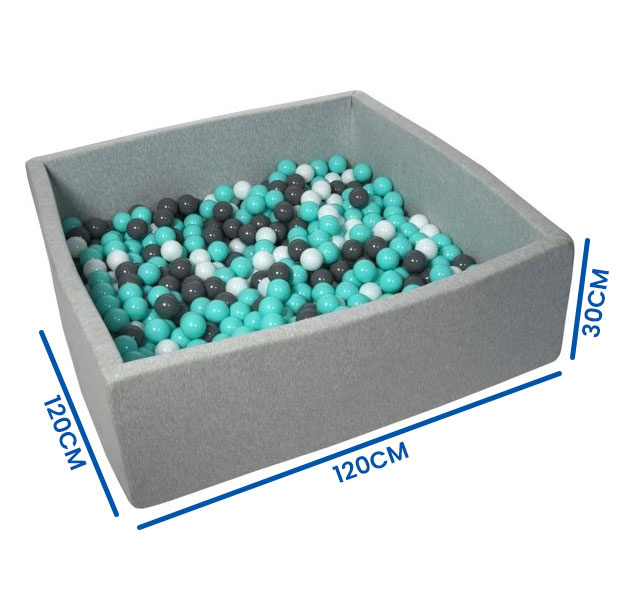 Ballenbak - stevige ballenbad - 120x120 cm - 600 ballen - wit, grijs, turquoise.