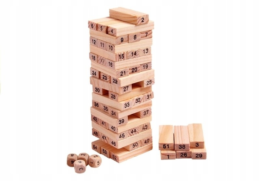 Jenga blokken spel - incl. dobbelstenen - 54 delig