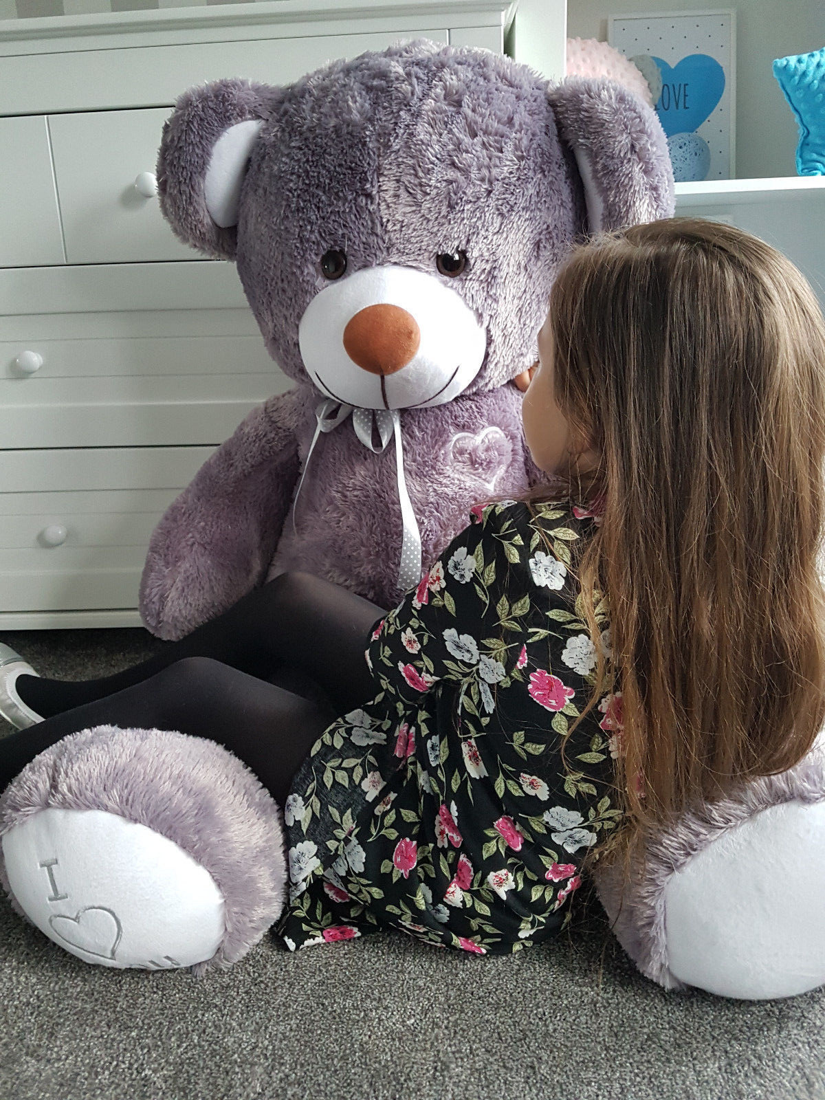 Grote violet knuffelbeer teddybeer met I Love You tekst geborduurd 160cm