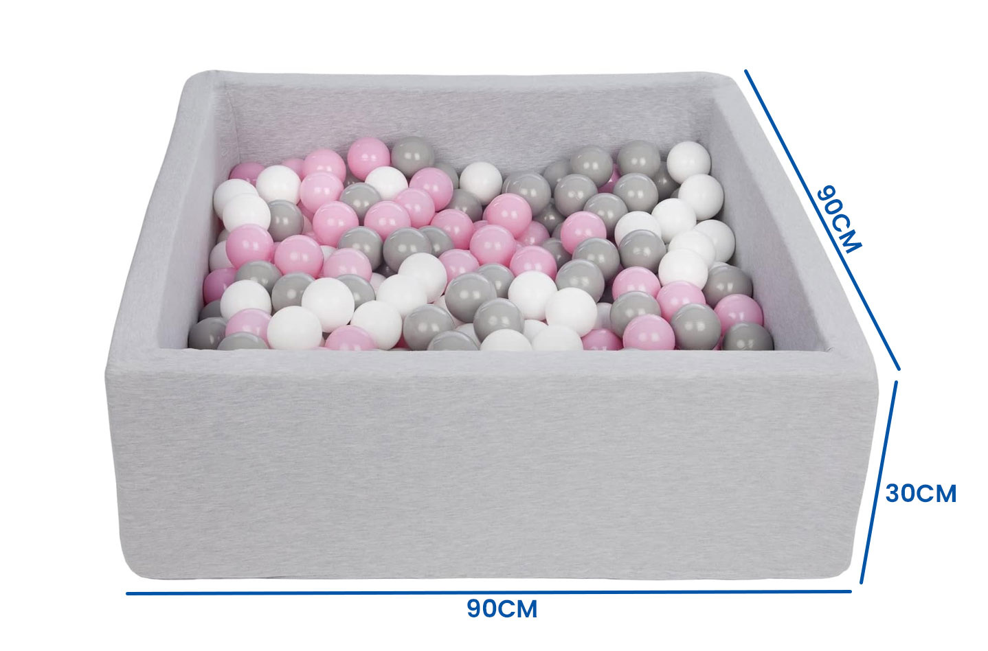 Ballenbak - stevige ballenbad - 90x90 cm - 150 ballen Ø 7 cm - wit, roze, grijs.