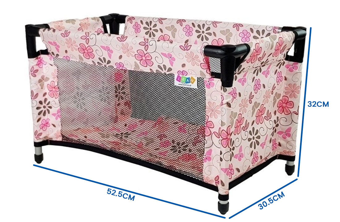 Poppenbed met accessoires - Roze bloemen - 52,5 x 30,5 x 32 cm