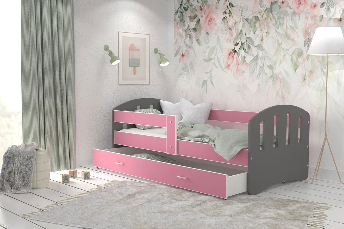 Kinderbed | Houten bed | 140x80cm| met lattenbodem | met uitschuiflade | grijs roze | met matras
