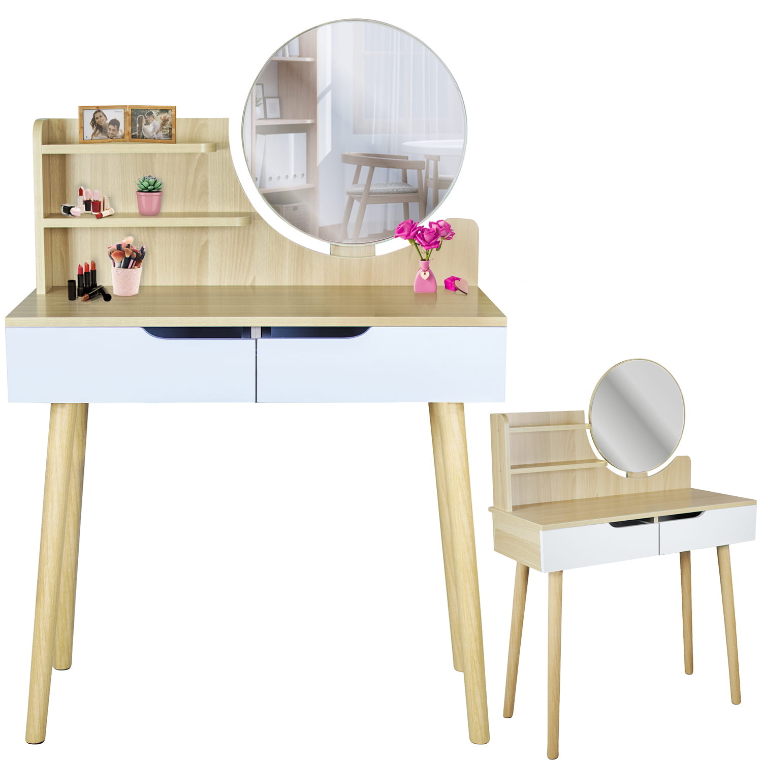 Make up tafel - kaptafel met spiegel - 80x40x122cm - wit beuken