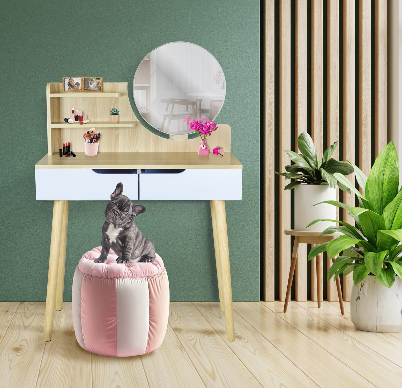 Make up tafel - kaptafel met spiegel - 80x40x122cm - wit beuken