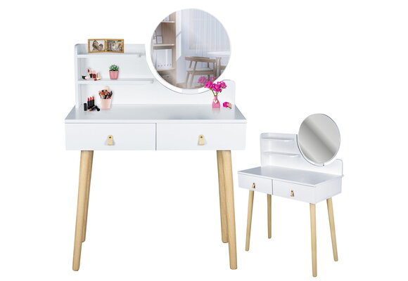 Make up tafel - kaptafel met spiegel - 80x40x122 cm - wit beige