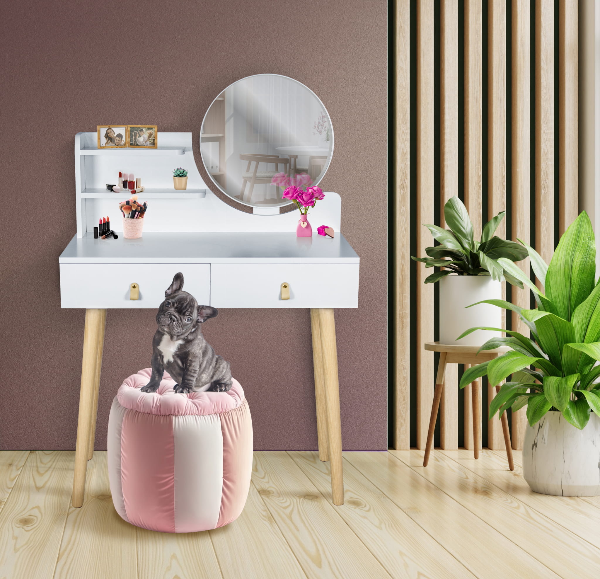 Make up tafel - kaptafel met spiegel - 80x40x122 cm - wit beige