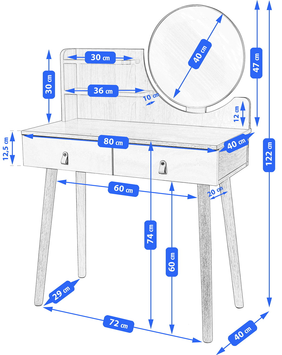 Make up tafel met spiegel - kaptafel - 80x40x122cm - beuken wit
