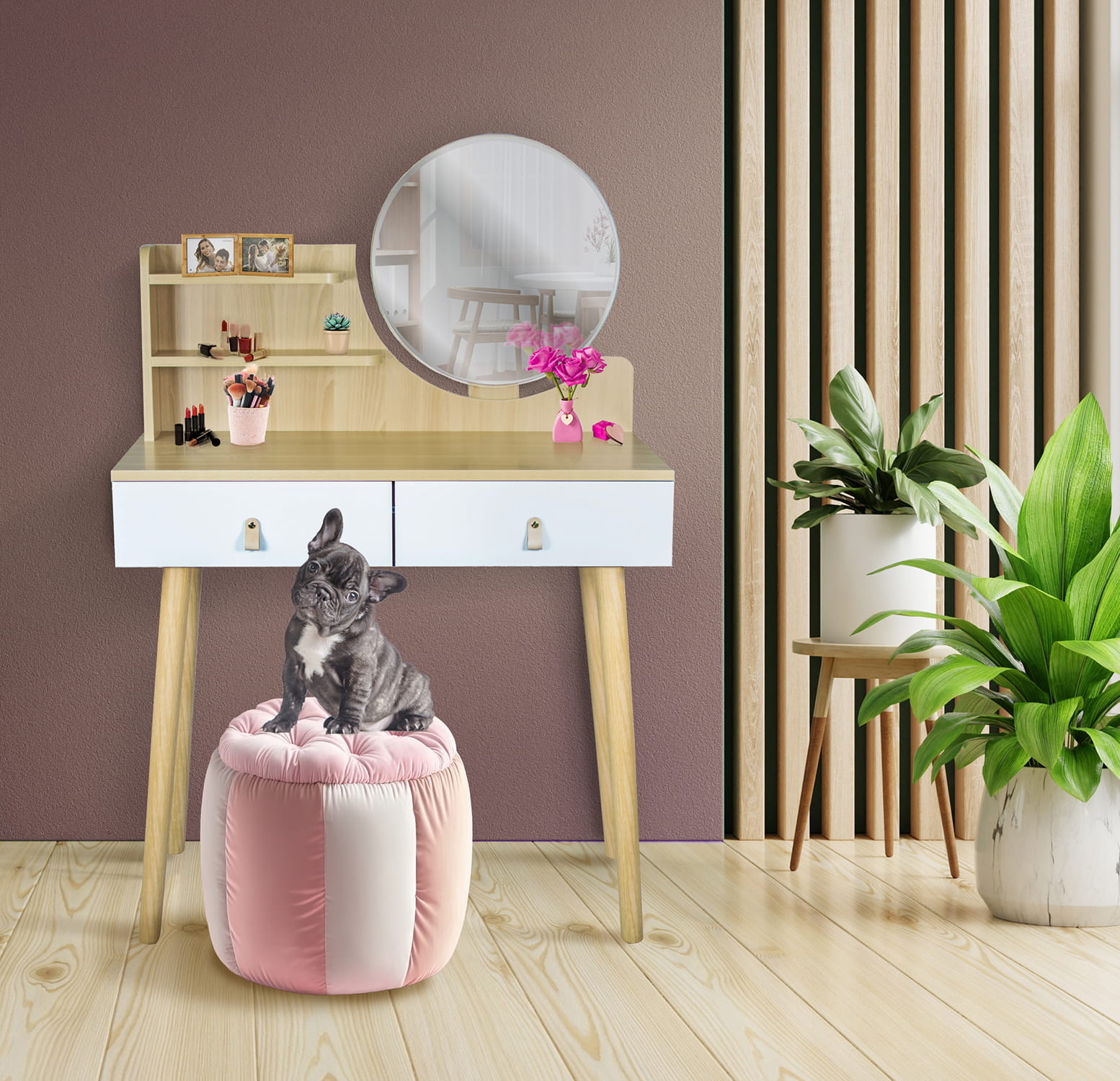 Make up tafel met spiegel - kaptafel - 80x40x122cm - beuken wit