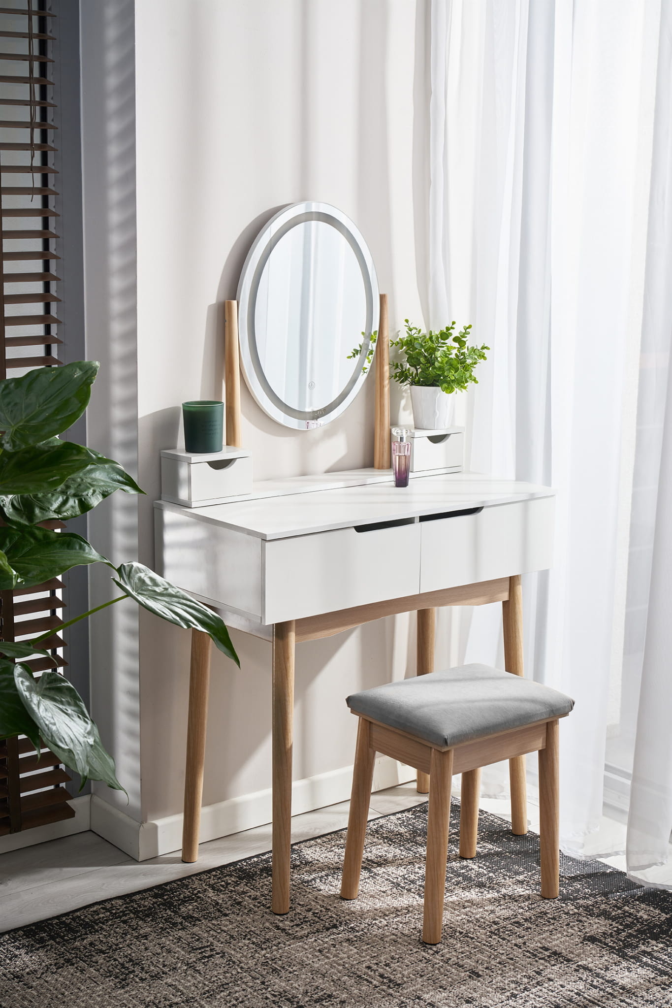 Make up tafel met spiegel - licht en krukje - 80x40x142cm - wit