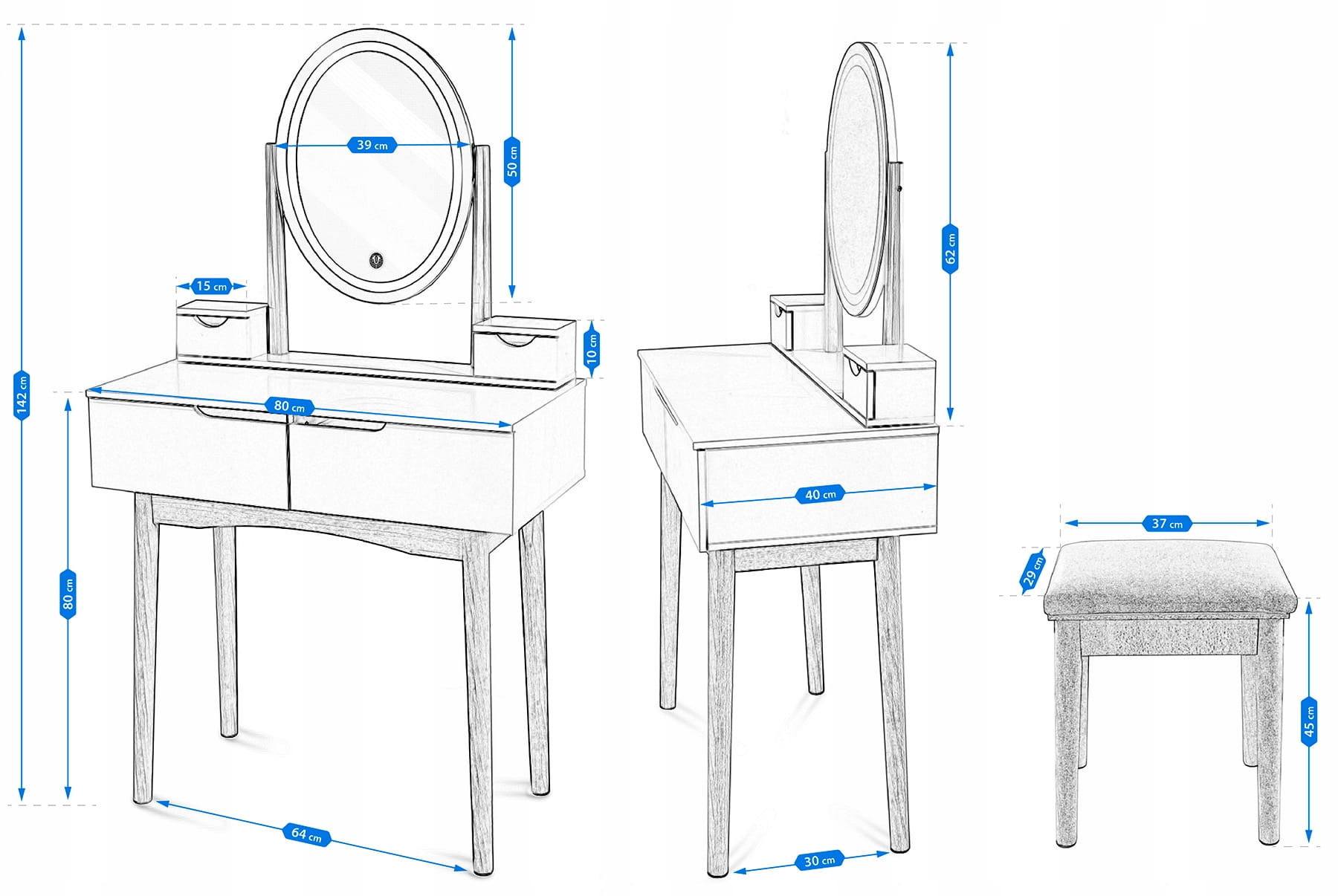 Make up tafel met spiegel - licht en krukje - 80x40x142cm - wit