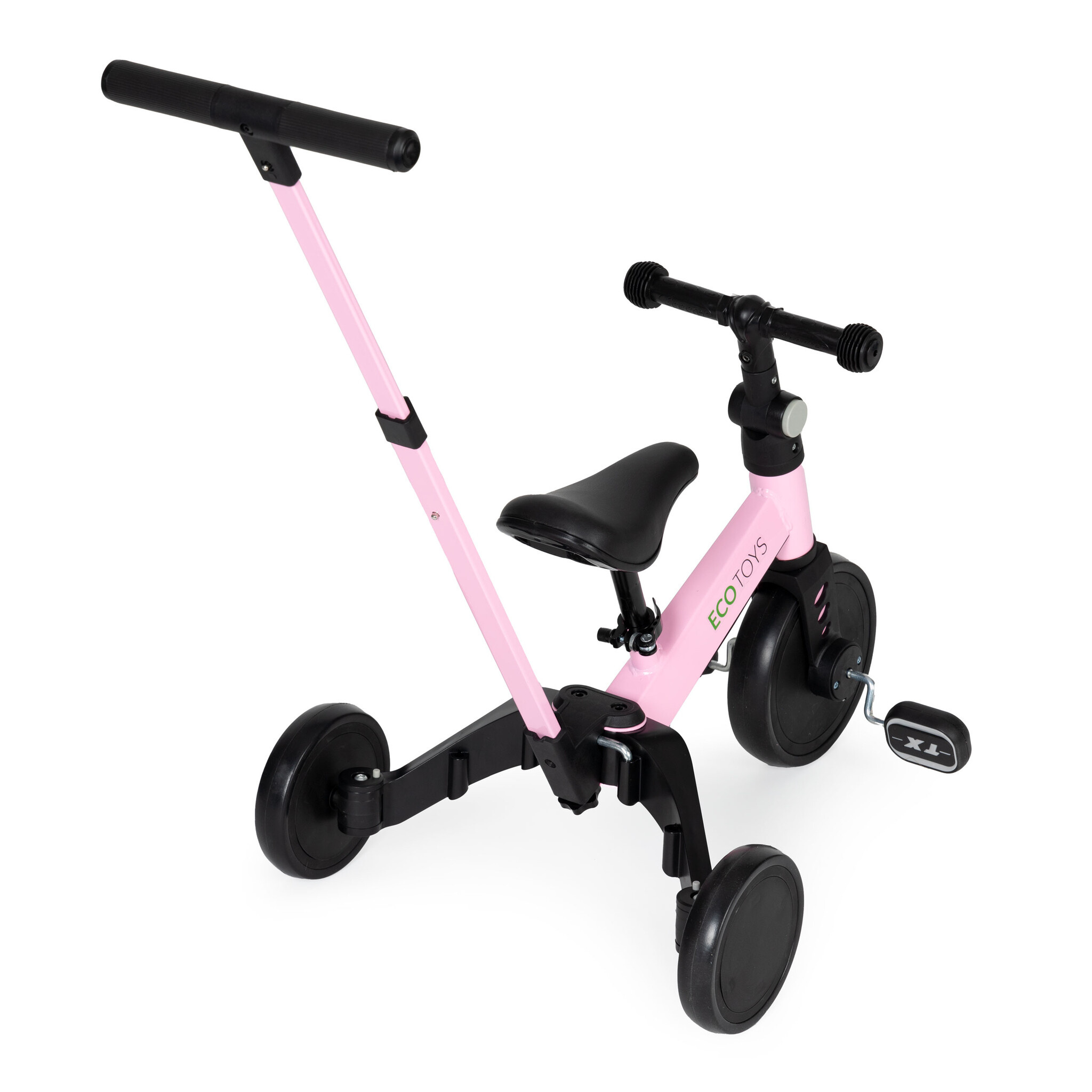 Driewieler met duwstang - afneembare pedalen - 2-in-1 - roze
