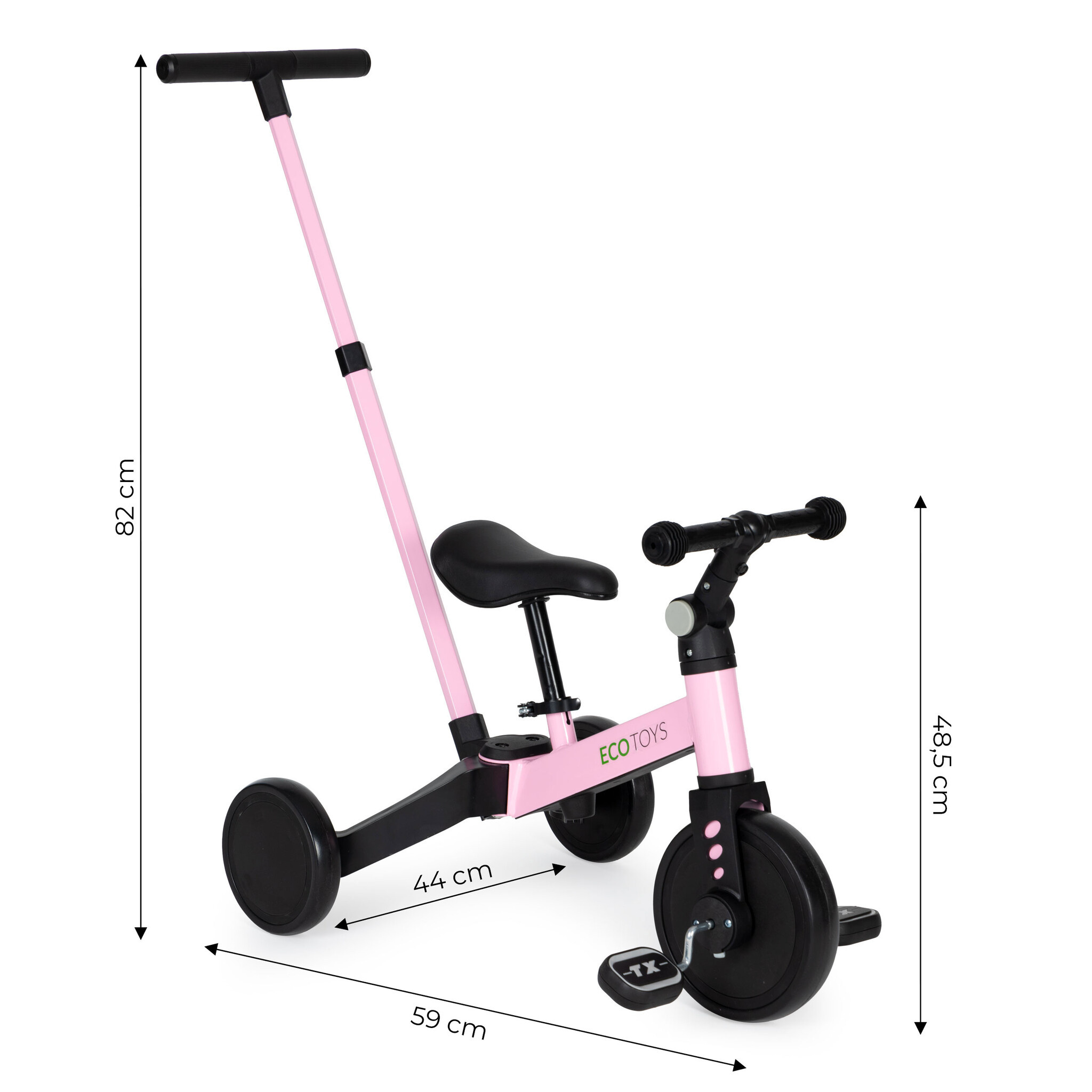 Driewieler met duwstang - afneembare pedalen - 2-in-1 - roze