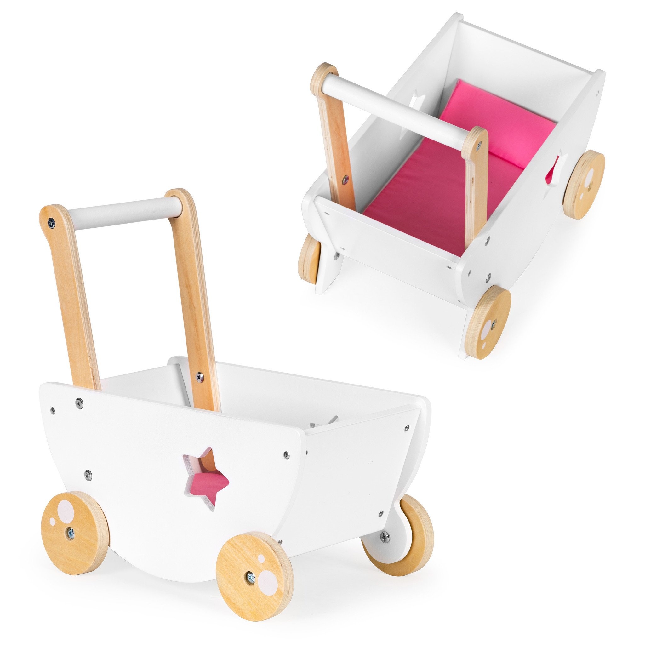 Houten poppenwagen - 40x26x42 cm - incl. beddengoed - wit