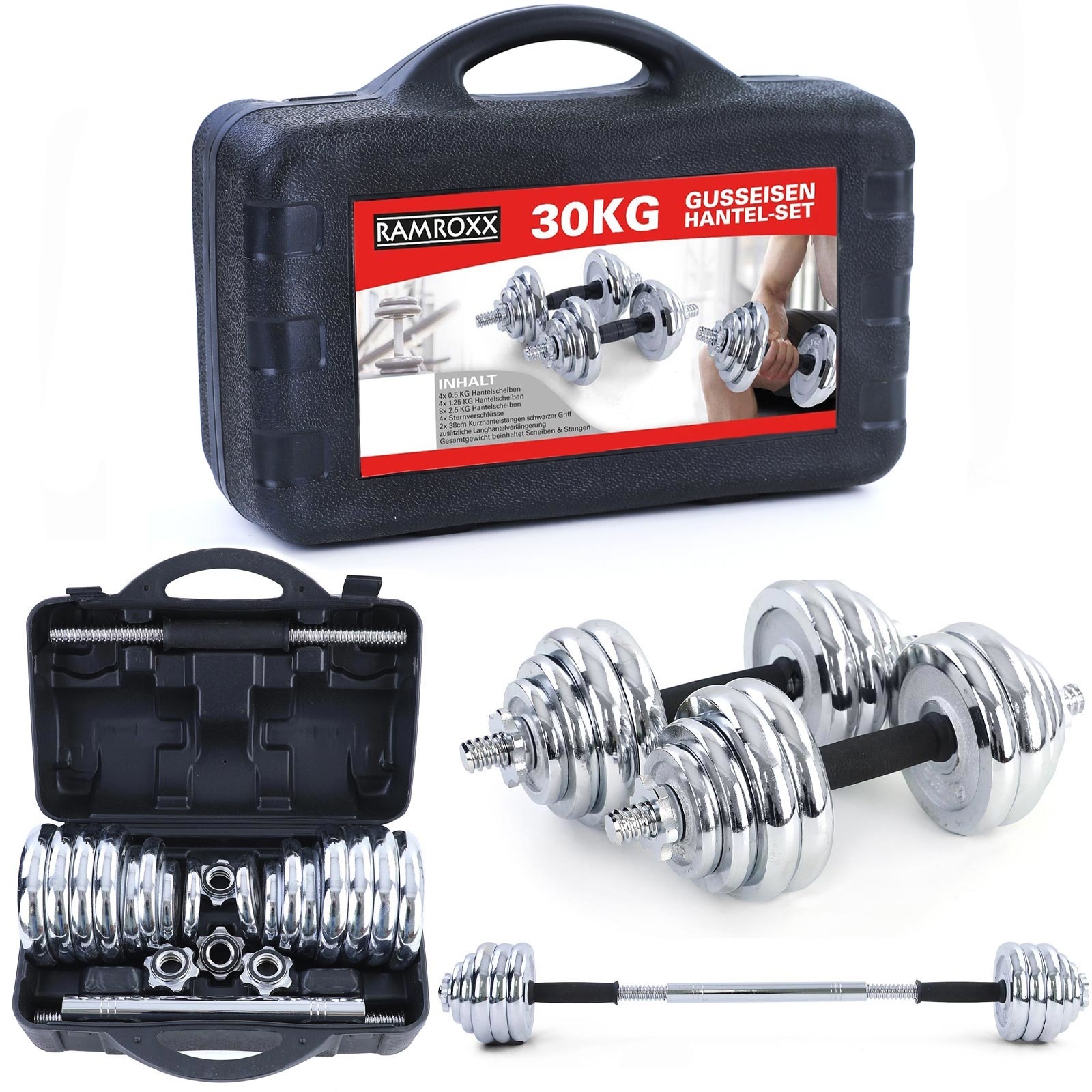 Dumbell set - halterset - 30 kg - chroom - in koffer