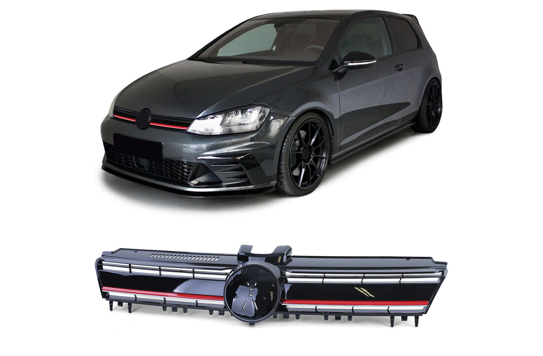 Autogrille geschikt voor VW Golf 7 12-17 - Zwart Rood R Sport Look - Glanzend Zwart