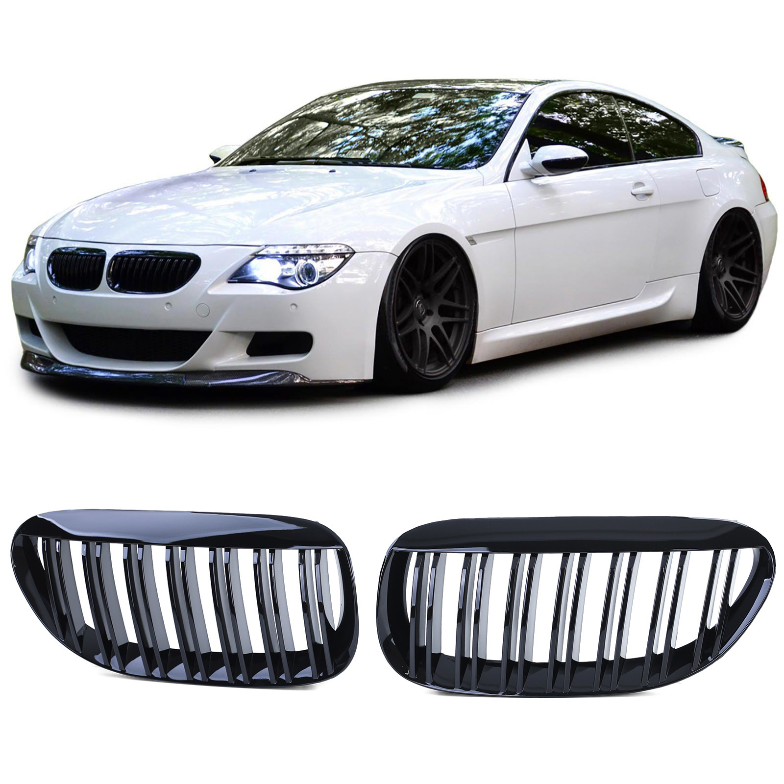 Autogrille geschikt voor BMW 6 Serie E63 E64 2004-2010 - dubbele spijl - zwart glans