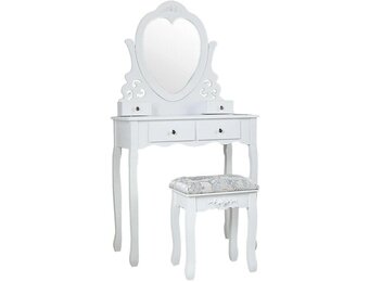 Kaptafel met hartvormige spiegel & krukje - 74x40x143cm - wit