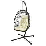 Inklapbare hangstoel egg chair - zwart - beige kussens
