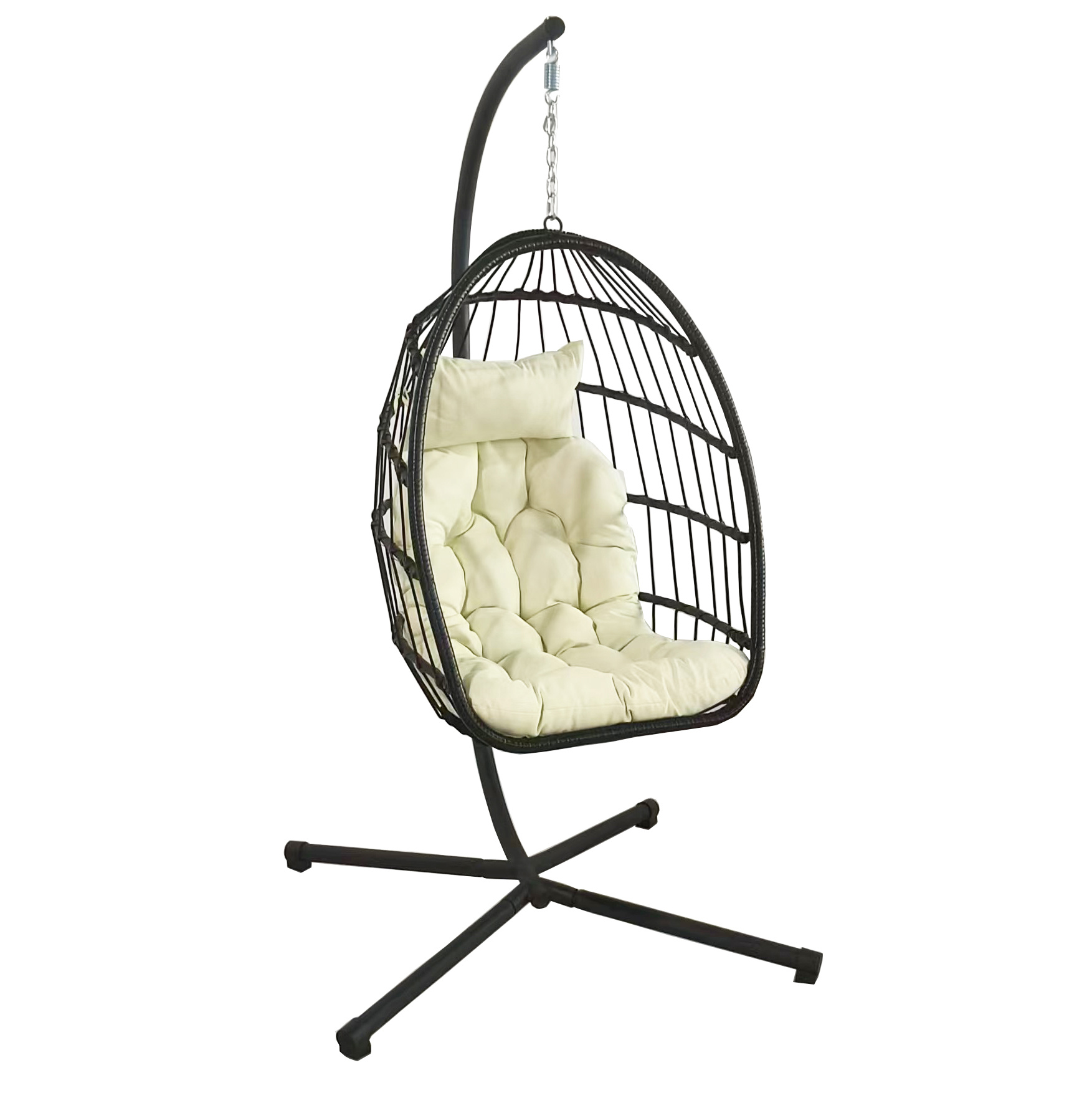 Inklapbare hangstoel egg chair - zwart - beige kussens