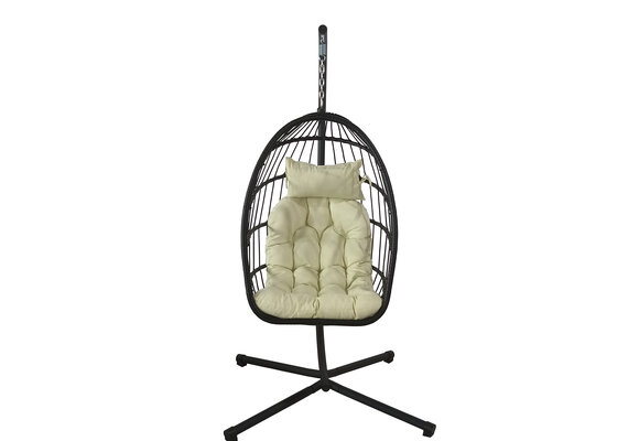 Inklapbare hangstoel egg chair - zwart - beige kussens