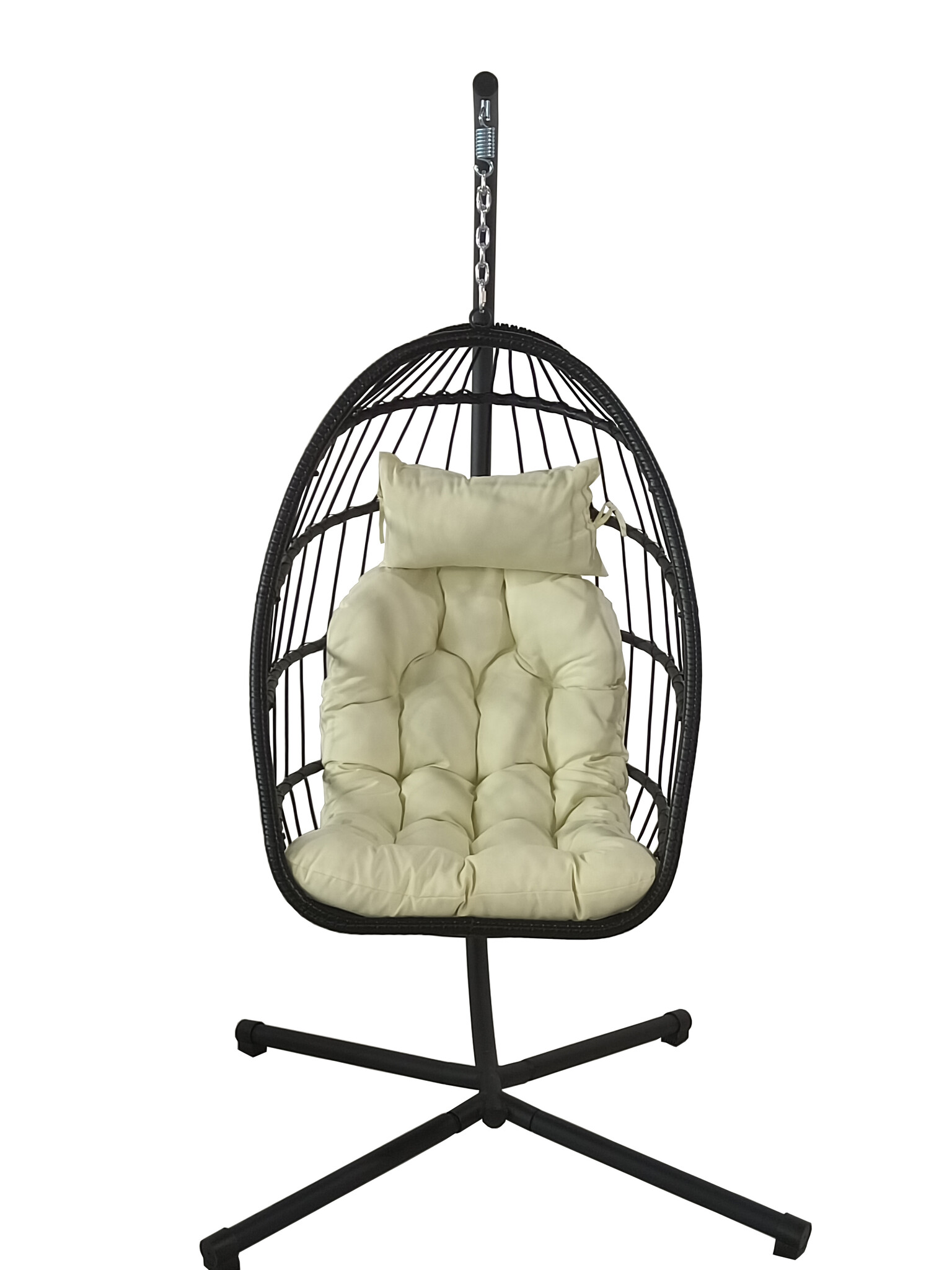 Inklapbare hangstoel egg chair - zwart - beige kussens