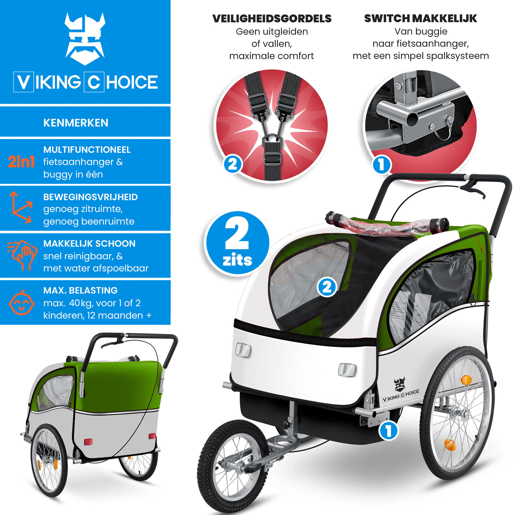 Fietskar kind - fietsaanhanger - 2-zits - schokbreker - lime groen