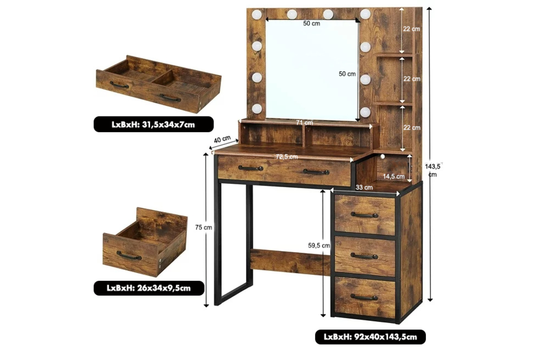 Kaptafel - met spiegel en licht - 92x40x143,5 cm - industrieel