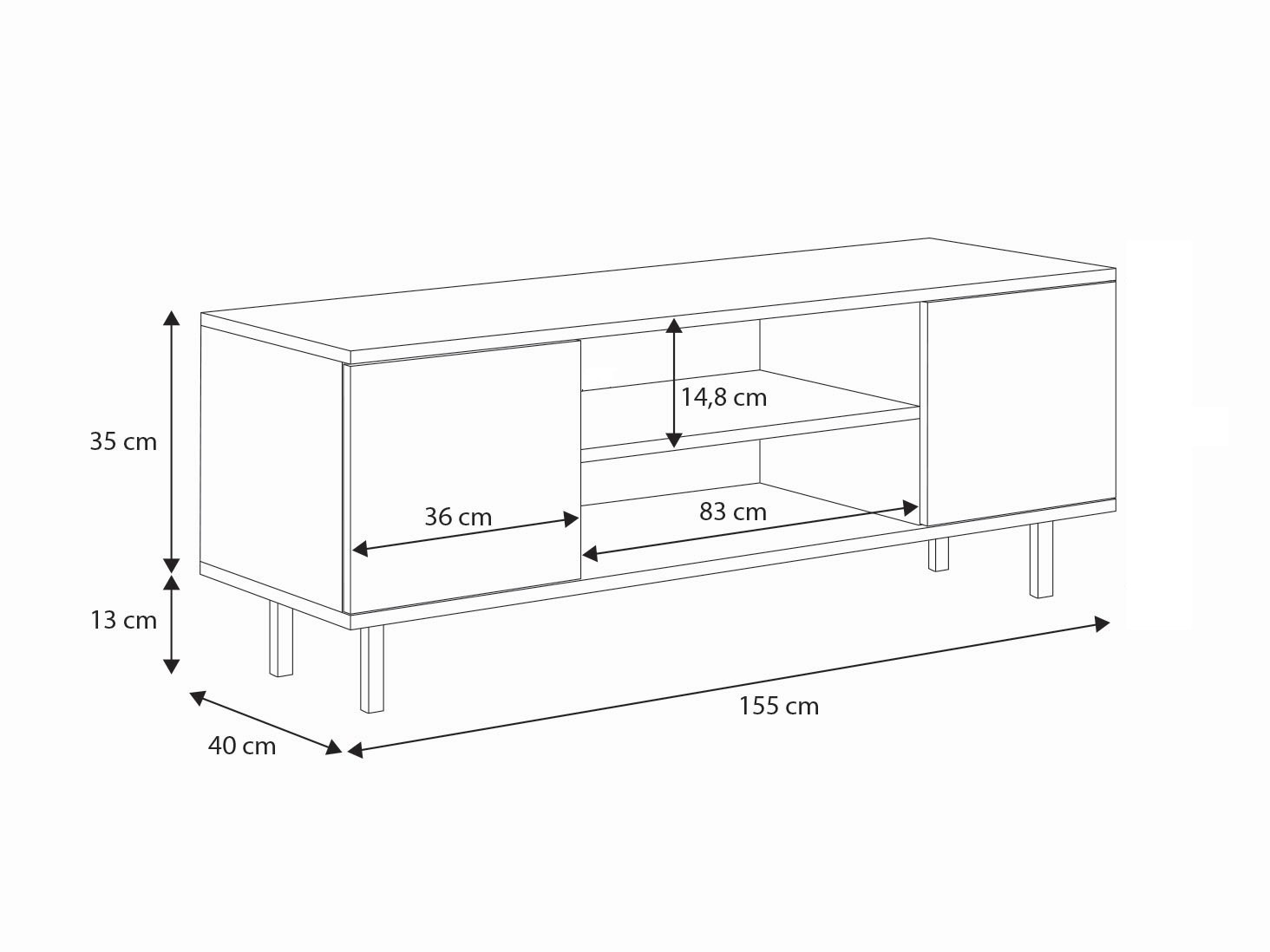 Tv meubel FOCUS - 155x40x48 cm - gouden pootjes - crème