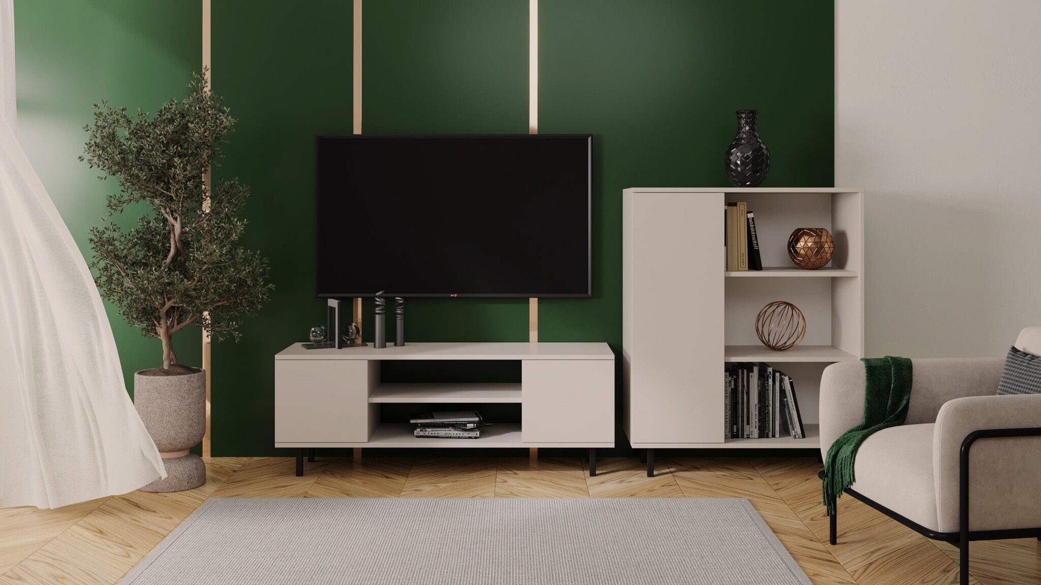 Tv meubel FOCUS - 155x40x48 cm - zwarte pootjes - crème