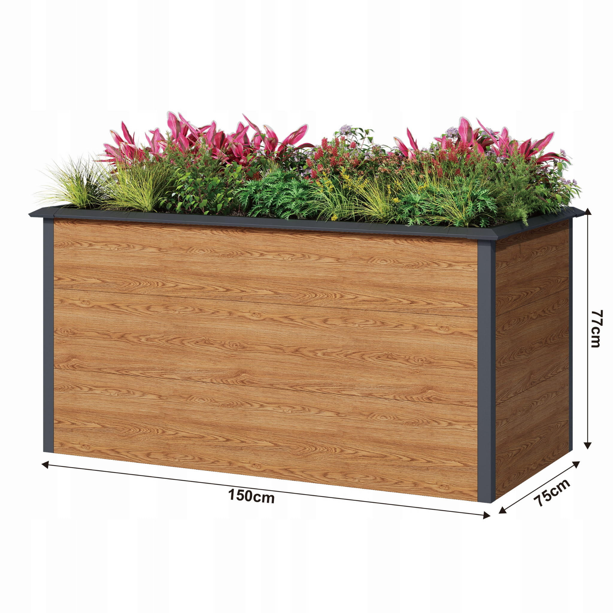 Plantenbak buiten - 150x75x77cm - staal - antraciet houtlook