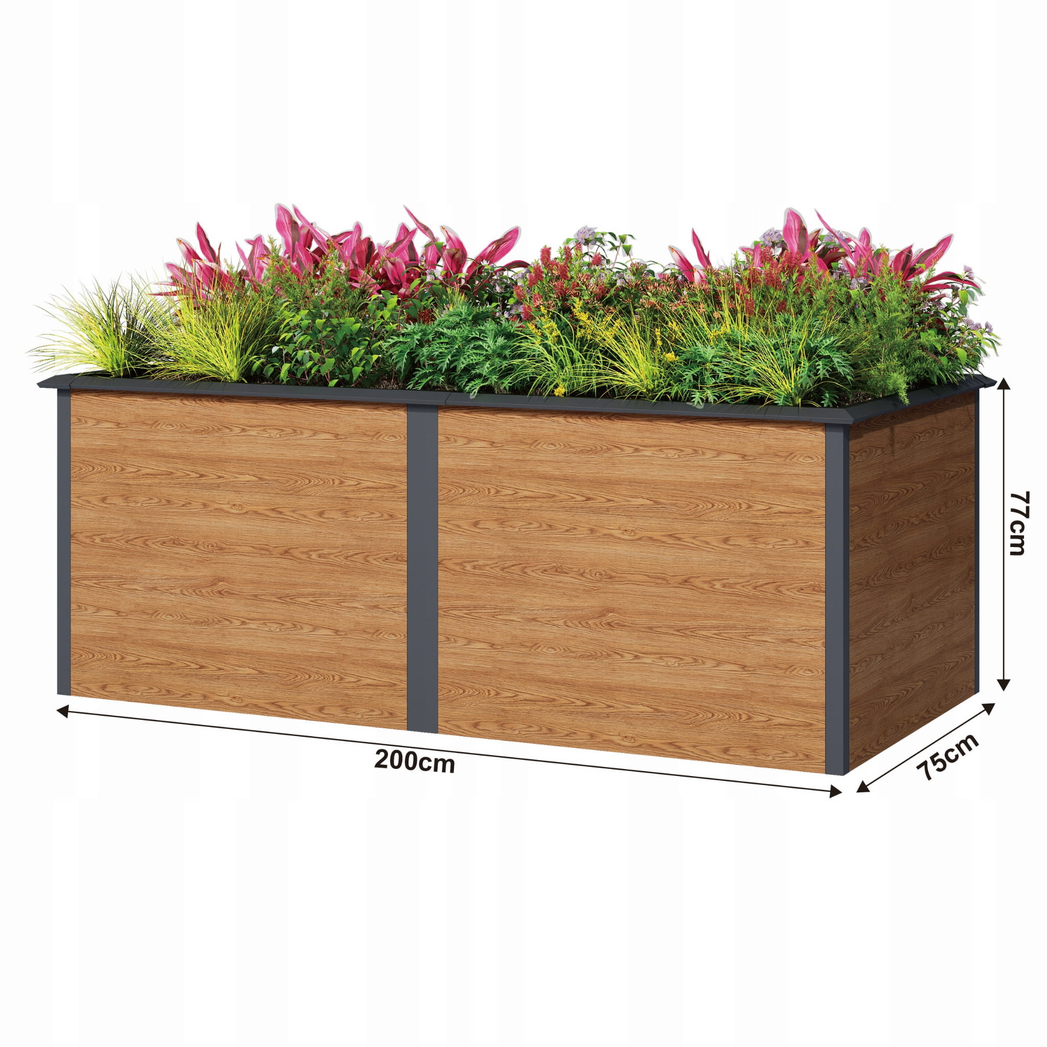 Plantenbak buiten - 200x75x77cm - staal - antraciet houtlook