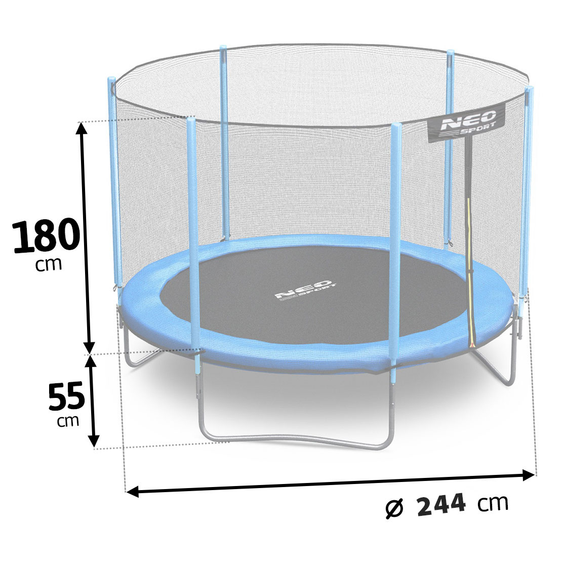 Trampoline - 244 cm - blauw - met ladder en buitenrand net - tot 80 kg