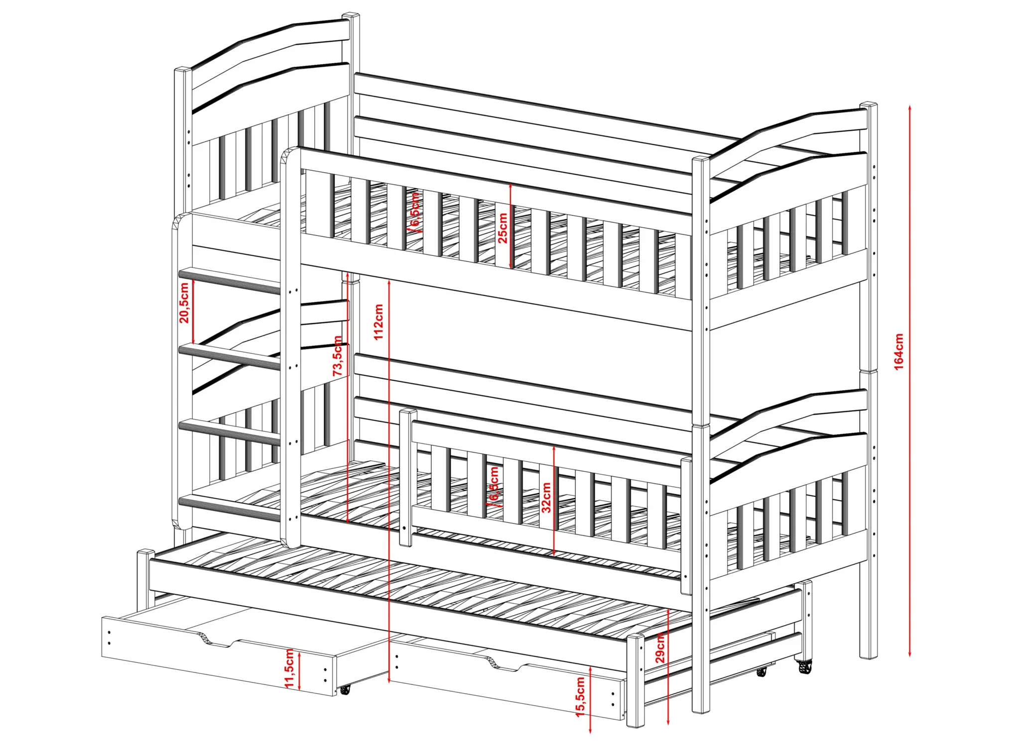 Stapelbed BLANKA - 90x200cm - 3 persoons - wit