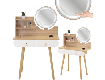 Make up tafel - kaptafel met LED spiegel - 2 lades - hout wit
