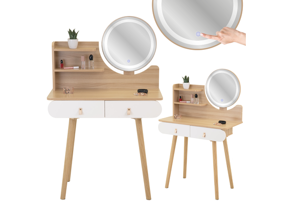 Make up tafel - kaptafel met LED spiegel - 2 lades - hout wit