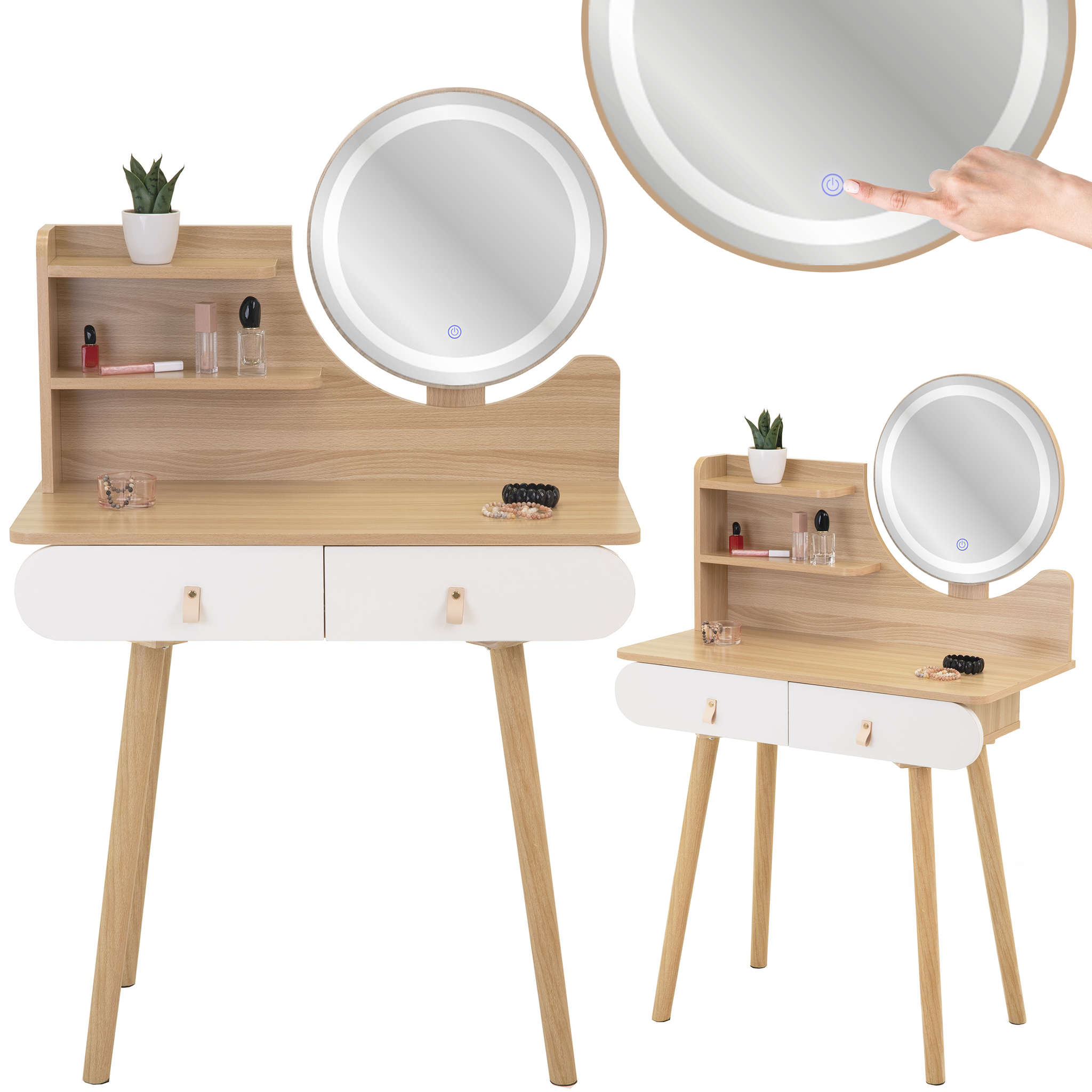 Make up tafel - kaptafel met LED spiegel - 2 lades - hout wit