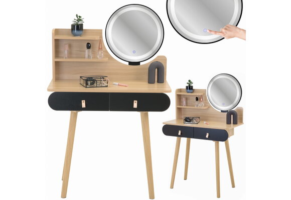 Make up tafel - kaptafel met LED spiegel - 2 lades - hout zwart