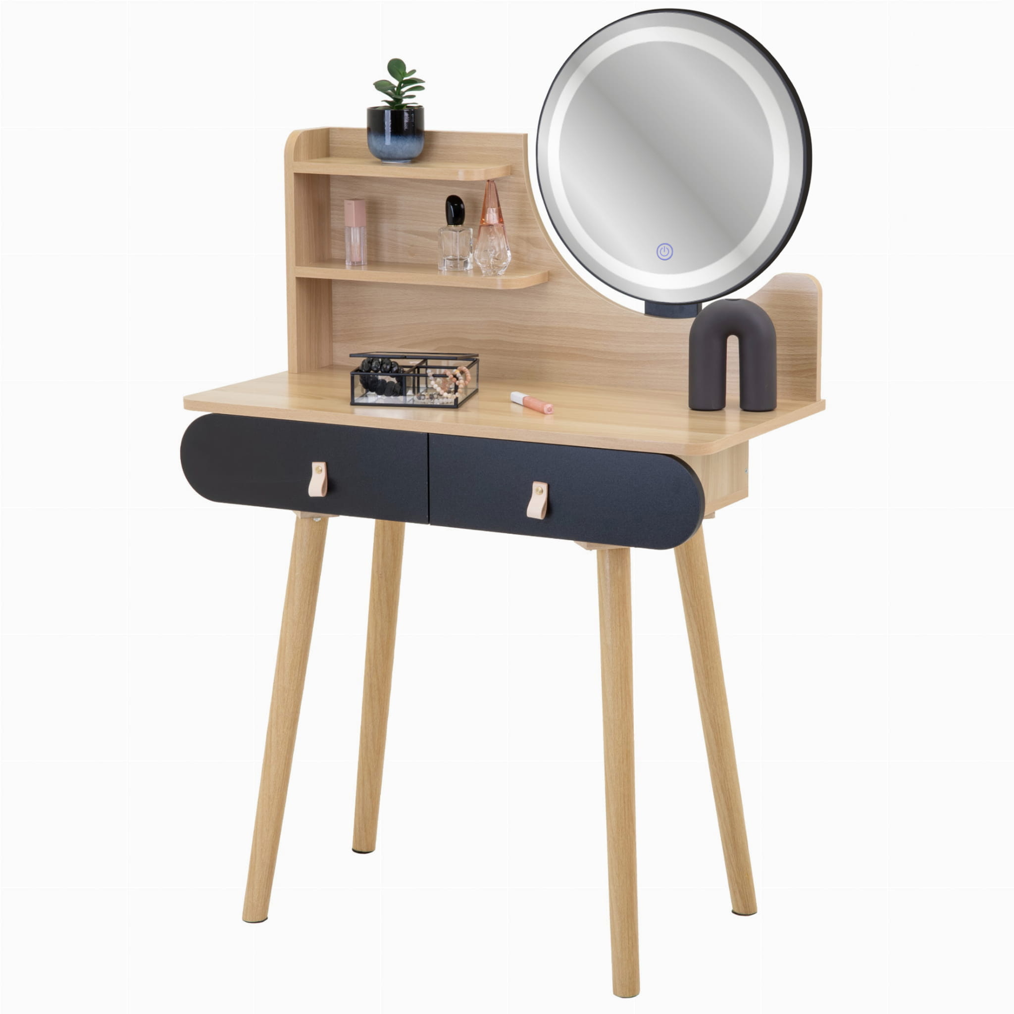 Make up tafel - kaptafel met LED spiegel - 2 lades - hout zwart